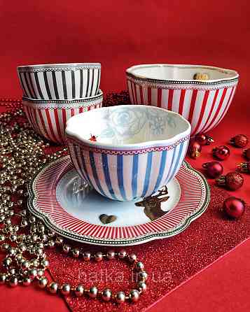 САЛАТНИК НОВОРІЧНИЙ ФАРФОРОВИЙ СЕРВІРУВАЛЬНИЙ 12,5 см БІЛИЙ З БЛАКИТНИМИ СМУГАМИ + ПОДАРУНКОВА УПАКОВКА Київ