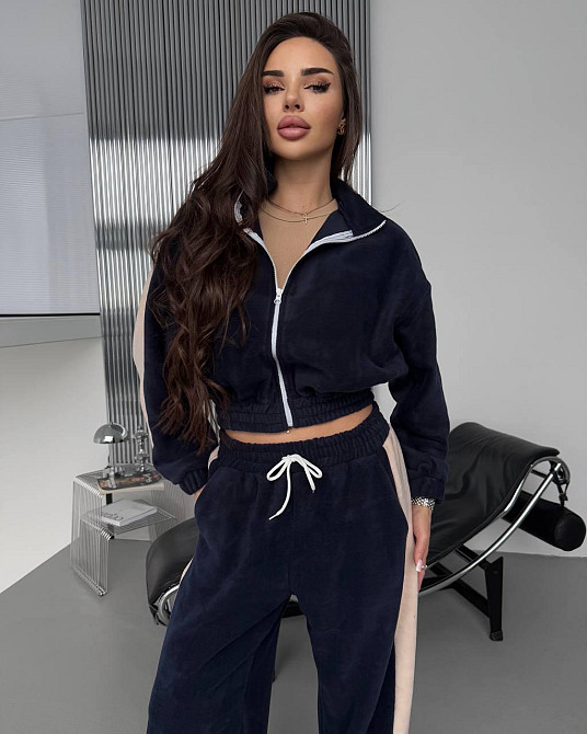 Жіночий теплий повсякденний костюм із лампасами, двобічний фліс Синій Одеса - фото 3