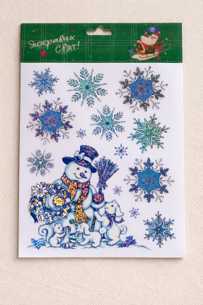 Новорічна наклейка на вікно Сніговик і сніжинки 29 на 22 см блакитний Київ