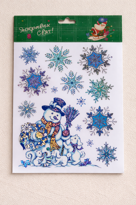 Новорічна наклейка на вікно Сніговик і сніжинки 29 на 22 см блакитний Київ - фото 2