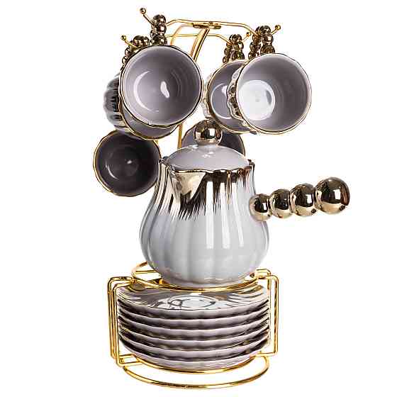Кавовий сервіз на підставці з туркою 450 (мл) 6 чашок по 90 (мл) подарунковий набір чашок на підставці Сірий із золотом FM-JJ-4 Київ