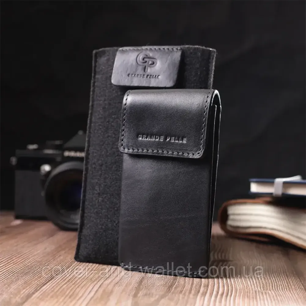 Компактная кожаная ключница с отделениями для карточек черного цвета Grande Pelle Киев - изображение 10