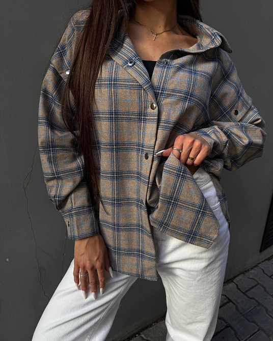 Жіноча повсякденна сорочка в клітинку турецька фланель беж-блакитний Одеса - фото 1