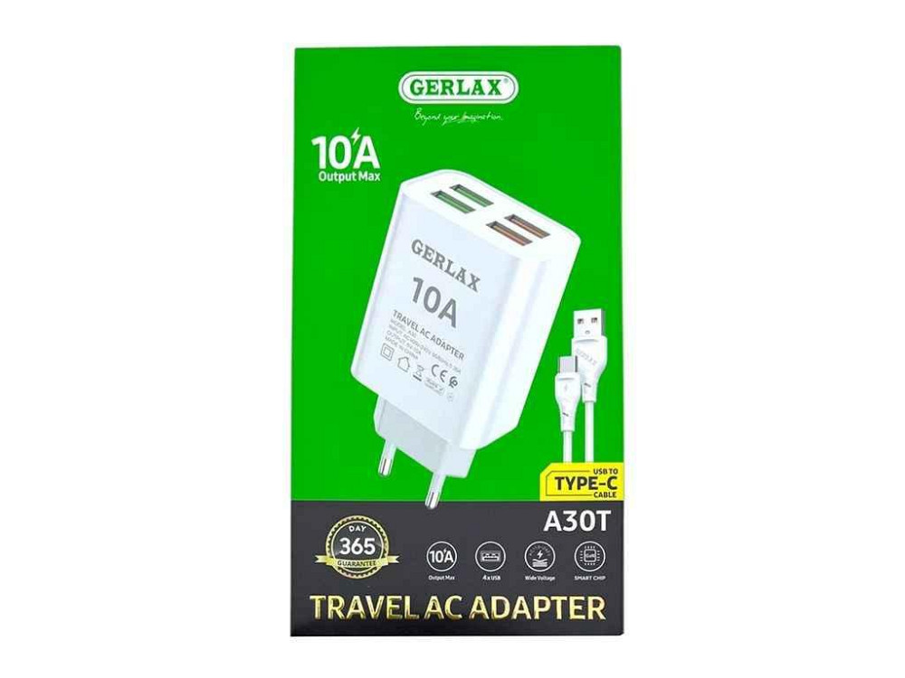 Сетевое зарядное устройство Type-C A30T 10A/4USB белый 1м ТМ GERLAX Киев - изображение 1
