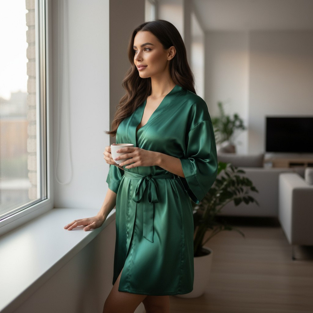 Халат жіночий шовковий під пояс довжина 90см Зелений 3XL/4XL Харків - фото 1