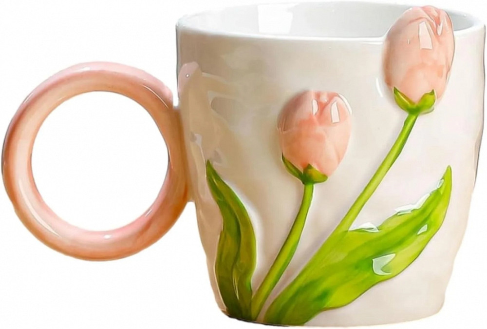 Чашка Тюльпани з круглою ручкою 470 мл рожевий Вінниця - фото 1