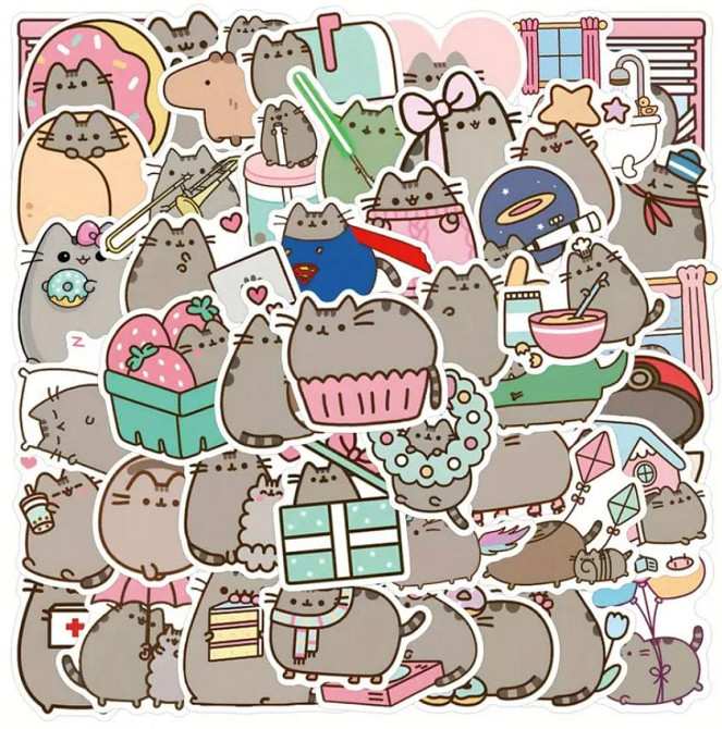 Набір вінілових наклейок (стікерів) кіт Пушин Pusheen (55 шт.) стікербомбінг для телефону, ноутбука Київ - фото 1