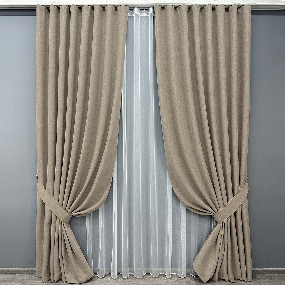 Комплект штор VR-Textil 100% блэкаут ASHEN NIGHT 150х270 2шт и Тюль 500х270 1853ш-1153т бежевый с белым 71-086/4 Киев - изображение 1