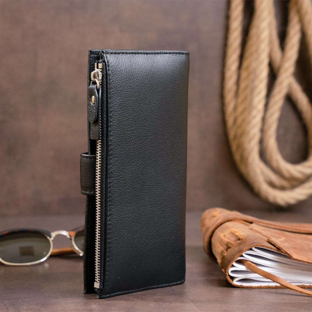 Оригінальний гаманець шкіряний жіночий на хлястику з кнопкою ST Leather 19280 Чорний Київ - фото 11