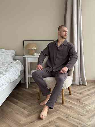 Мужской домашний костюм из муслиновой ткани на пуговицах Коричневый M-L Харьков