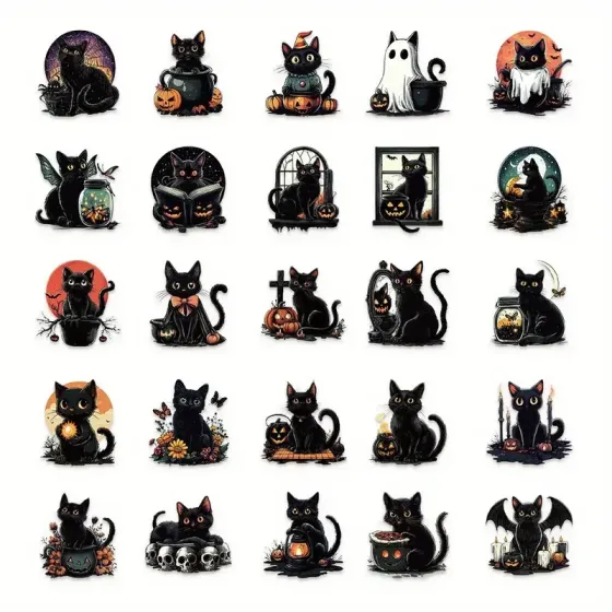 Набор наклеек «Черные кошки на Хэллоуин» – 50 шт. водостойких стикеров с тыквами, летучими мышами и привидениями Киев