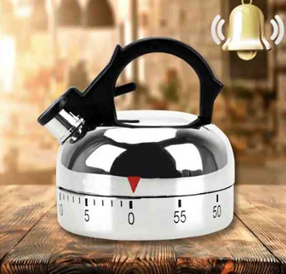 Таймер механічний для кухні "Чайник", таймер металевий, зворотній відлік, сріблястий, металевий, розмір 6,5*5,5 см Київ