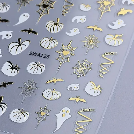 3D наклейки для нігтів Осінь і Хелловін – гарбузи, привиди, павутина, листя, золотий декор 2 аркуші Київ