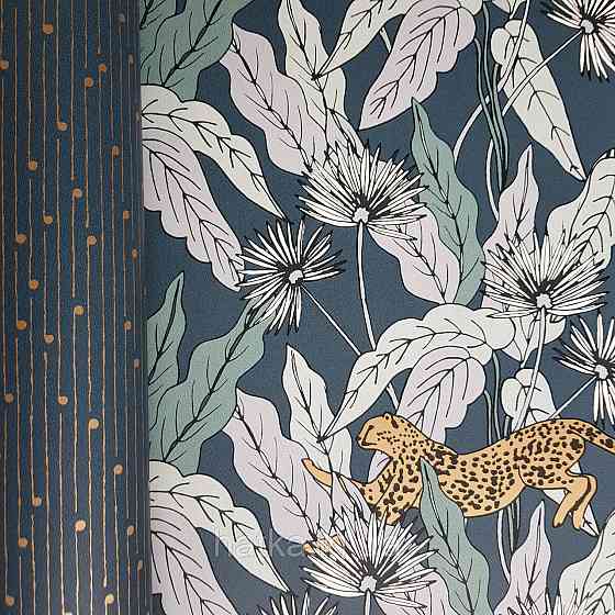 Шпалери вінілові на флізелін Caselio The Place to bed 0.53х10 м листя квіти рисі золотисті на синьо сірому Київ