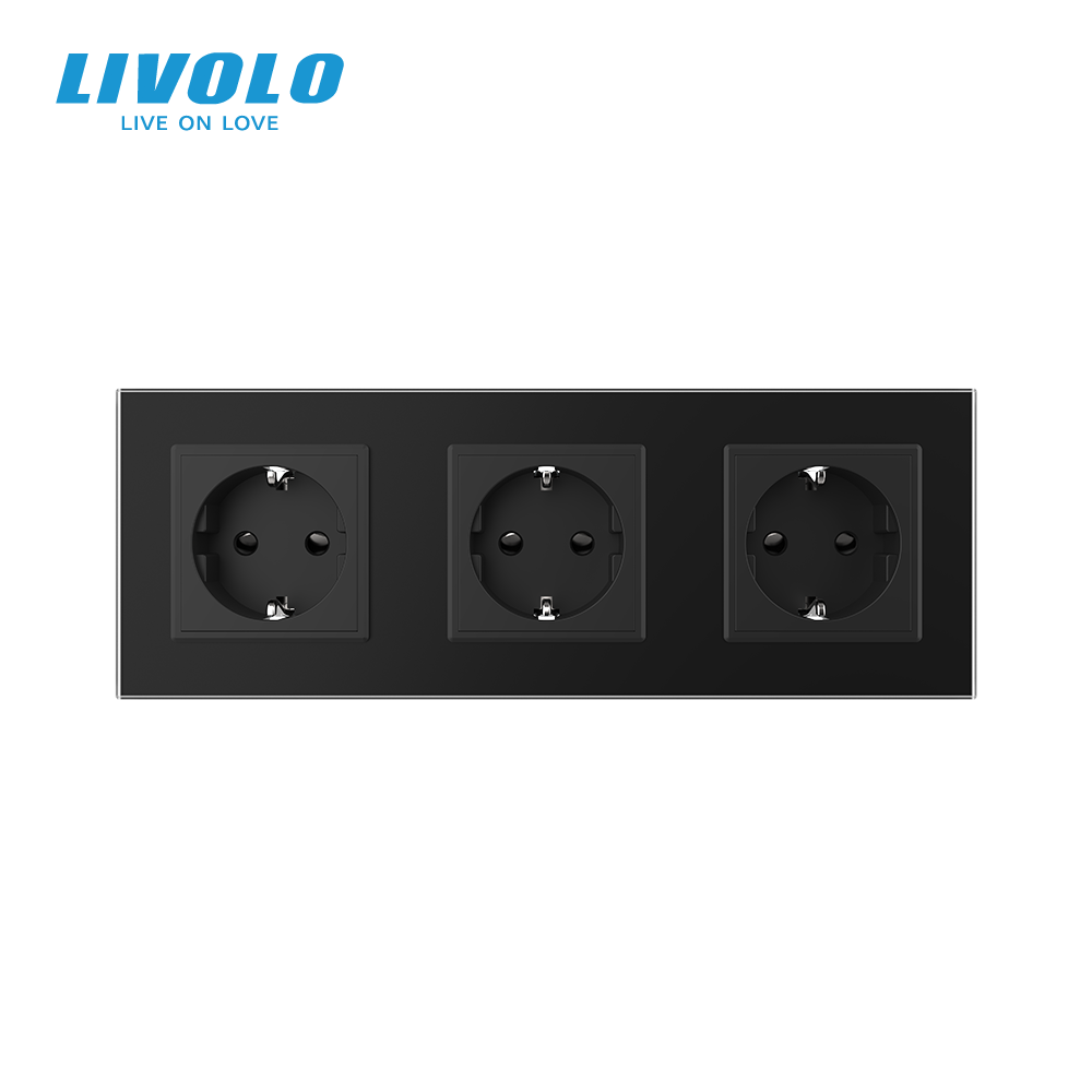 LIVOLO Потрійна електрична розетка з заземленням LIVOLO, чорна, скляна матова рамка, шторки, 25 Коломия - фото 10