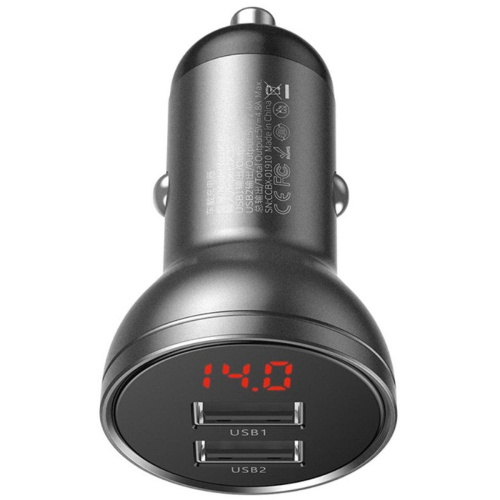 Автомобільний зарядний пристрій Baseus Digital Display Dual USB 4.8A Car Charger 24W Grey Ковель - изображение 4