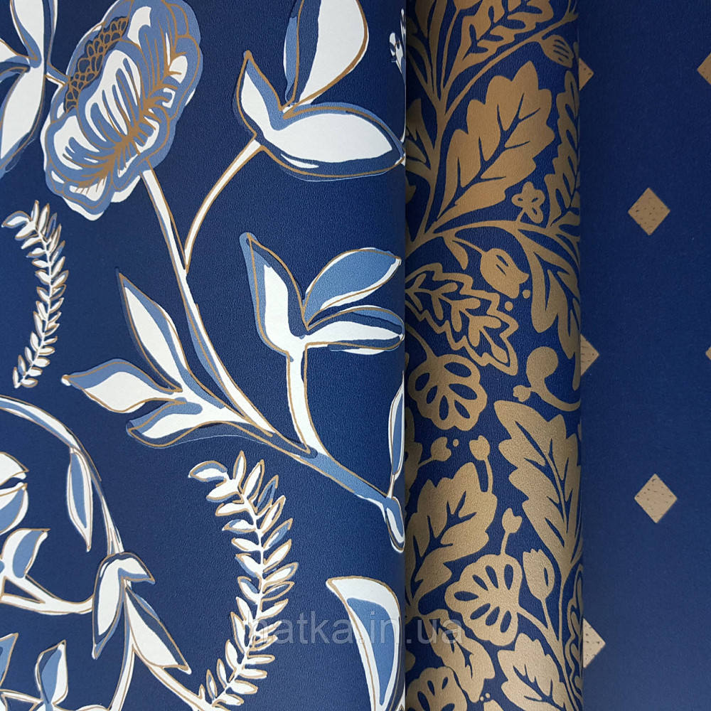 Шпалери вінілові на флізелін Caselio Mystery 0.53х10 м дитячі яскраві квіти листя білі блакитні на синьому тлі Київ - фото 2