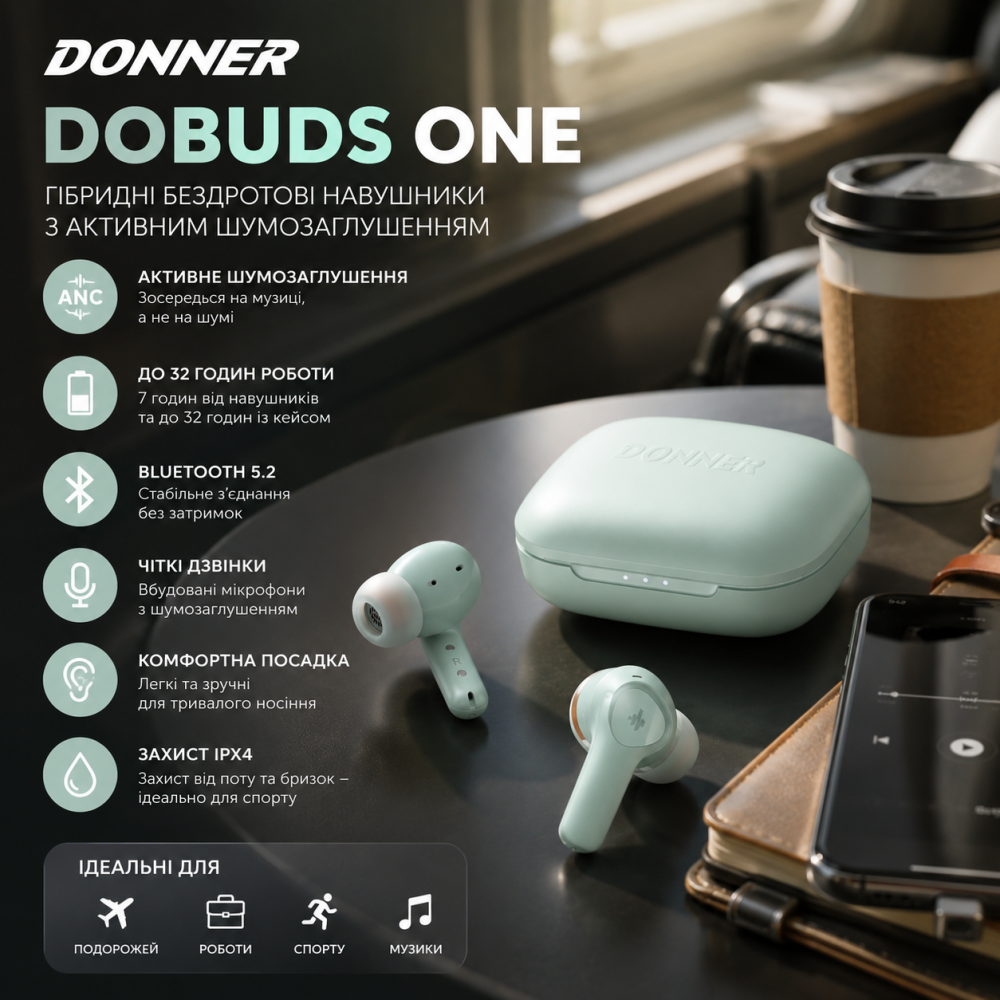 TWS-навушники Donner Dobuds ONE: Гібридні бездротові навушники з активним шумозаглушенням ANC, 32 години роботи та Bluetooth 5.2 Київ - фото 10