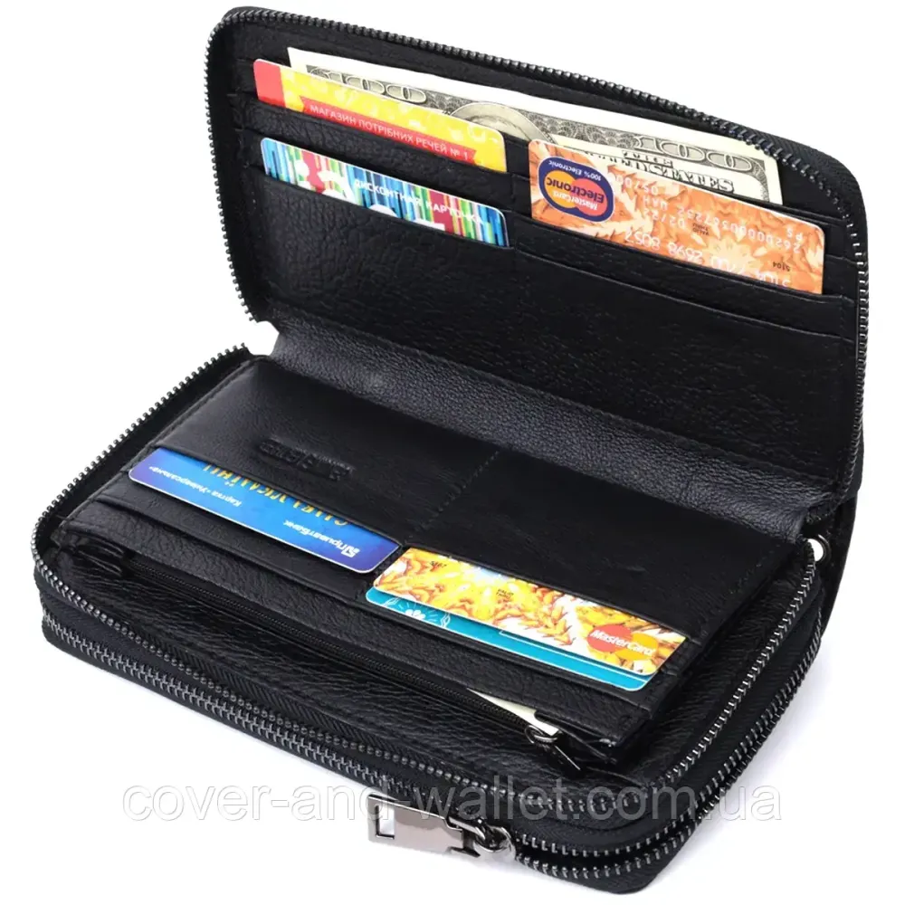 Фірмовий чоловічий гаманець клатч на дві блискавки із натуральної шкіри чорного кольору ST 276 Київ - фото 1