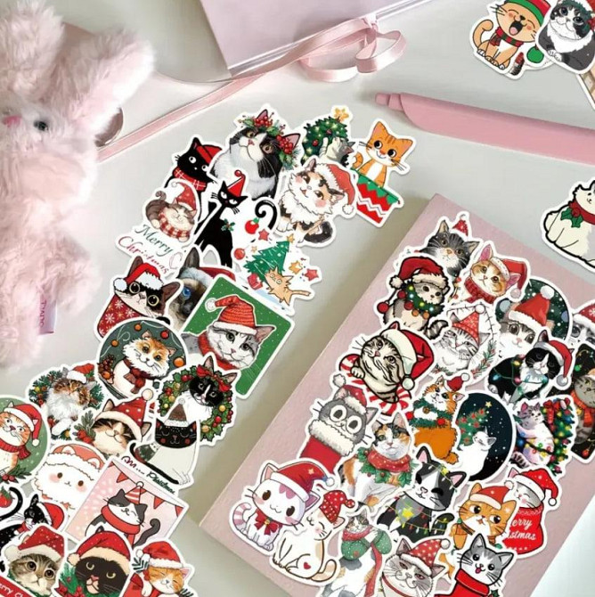 Рождественские наклейки с котами. Новогодние стикеры. Водонепроницаемые виниловые наклейки, набор 50 Киев - изображение 2