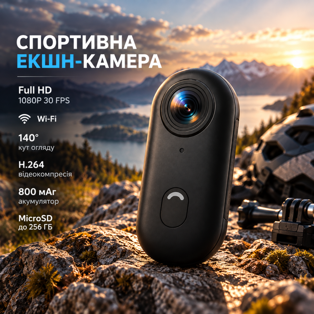 Спортивна екшн-камера Full HD 1080P 30 FPS, Wi-Fi, кут 140°, H.264, акумулятор 800 мАг, MicroSD до 256 ГБ Київ - фото 1