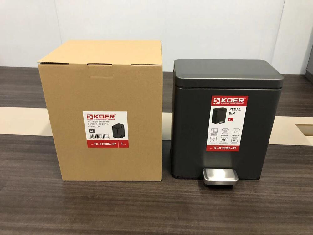 Прямоугольное мусорное ведро Koer TC-010306-07 6 л с мягким закрыванием графит Харьков - изображение 8