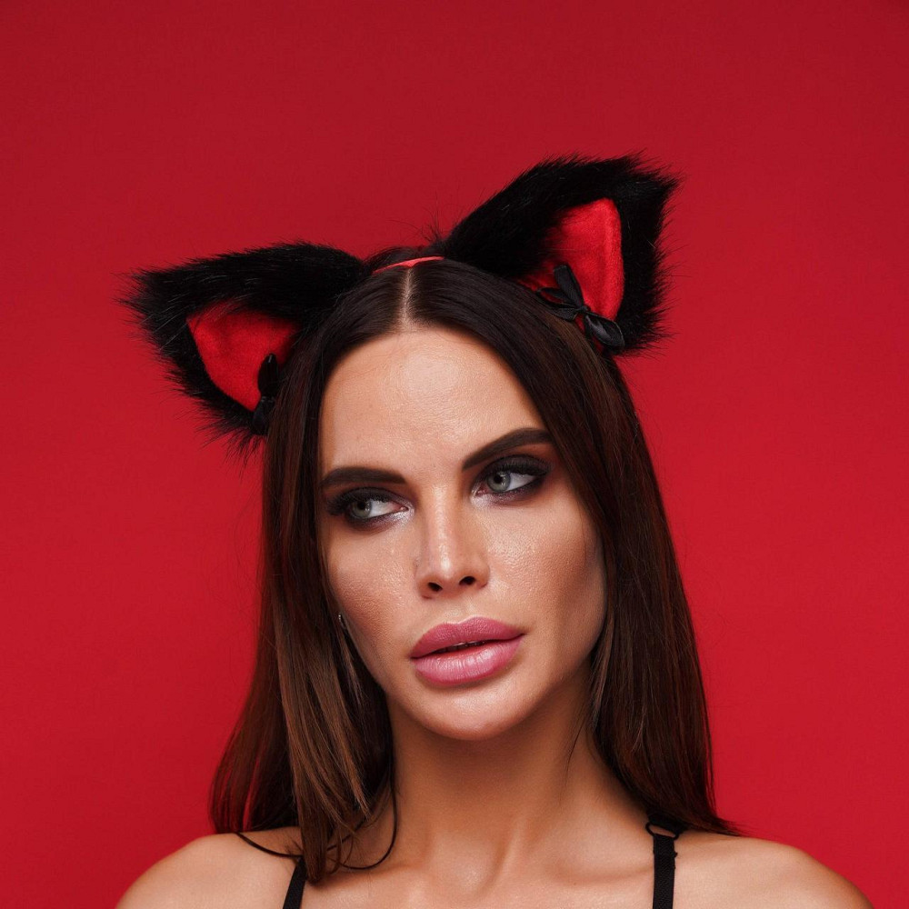 Меховые ушки кошки с бантиком, Черные с красным OKOVA, Черный Sex Aura Киев - изображение 1