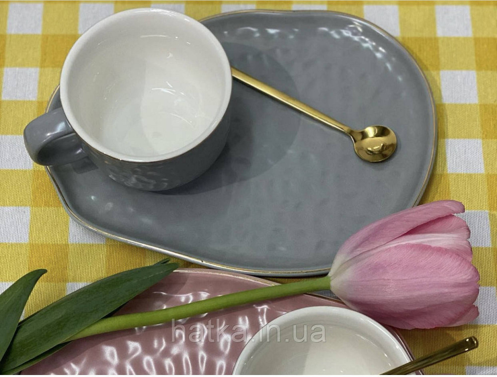 Чашка з блюдцем і ложкою 150 мл 20*15 см "Добрий ранок" Olens сіра Київ - фото 1