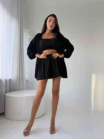 Женский летний прогулочный оверсайз костюм тройка: рубашка топ и шорты американский креп жатка Черный Одесса