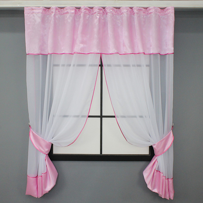 Кухонні штори VR-Textil № 085к з ламбрекеном і підхватами білий з рожевим 280х170 см (52-0847) Київ - фото 1