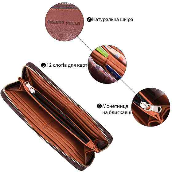 Удобный кошелек-клатч на молнии из натуральной кожи GRANDE PELLE 11659 Коричневый Киев