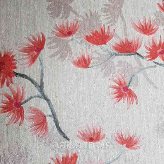 Шпалери вінілові Decoprint Breeze листя метелики квіти червоні, коричневі на бежевому японський мотив 0.53х10 Київ