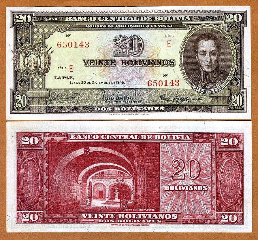 Болівія/Bolivia 20 Bolivanos 1945 Pick 140 UNC Полтава - фото 1