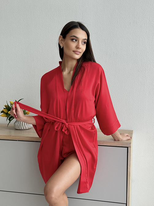 Халат женский сатиновый под пояс длина 90см Красный XS/S Харьков - изображение 10