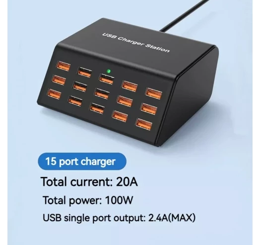 Мережевий зарядний пристрій HW-15/100W 100 W (15 х USB12W) Чорний Київ