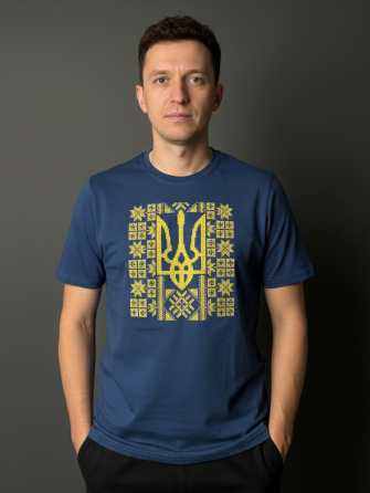 Чоловіча футболка вишиванка з великим тризубцем у синьому кольорі 3XL Київ