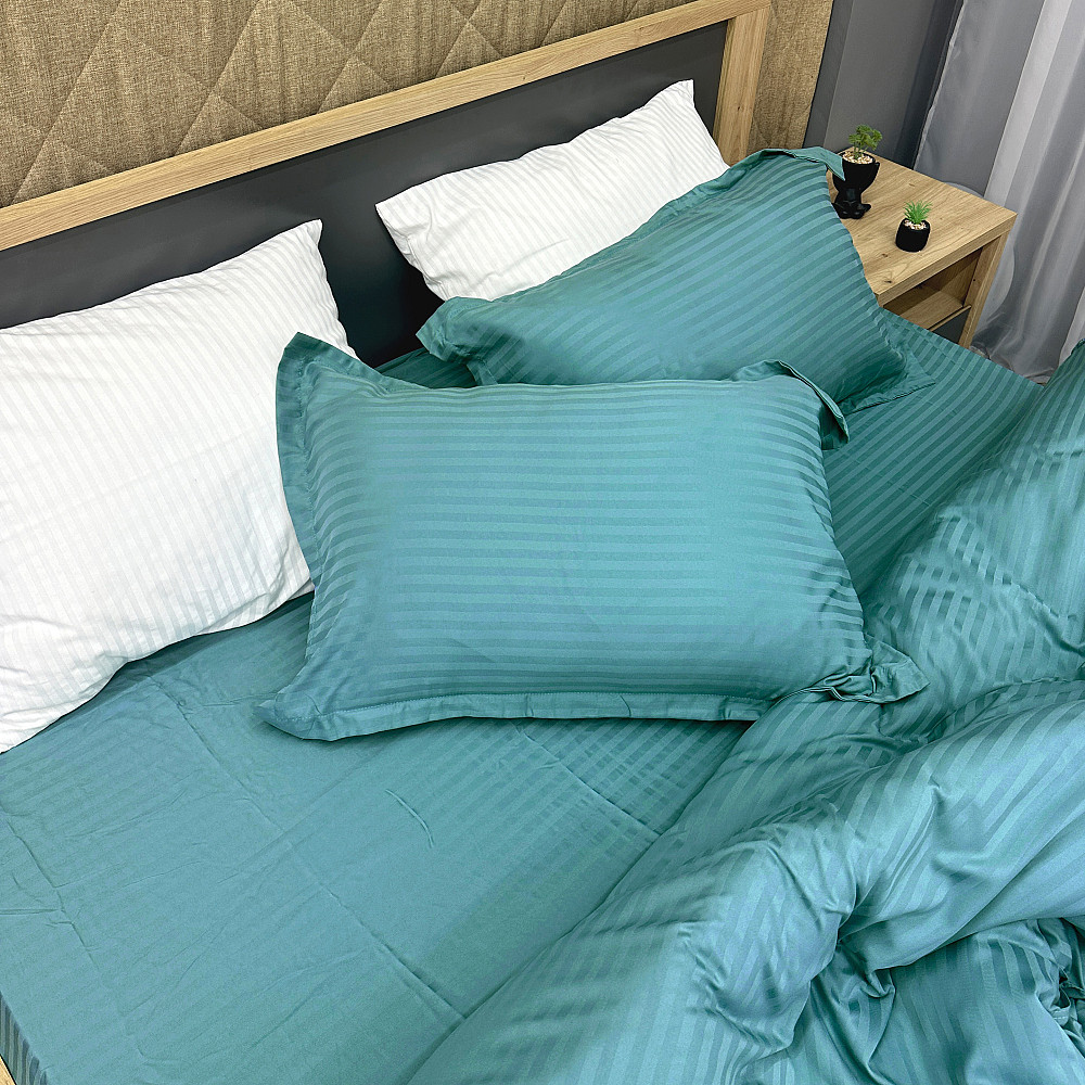 Комплект постільної білизни Страйп-сатин Двоспальний 180х220 з простирадлом на резинці Лазурний (88-187) Київ - фото 1