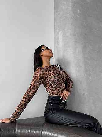Женский леопардовый лонгслив с имитацией лифа стрейч сетка Одесса