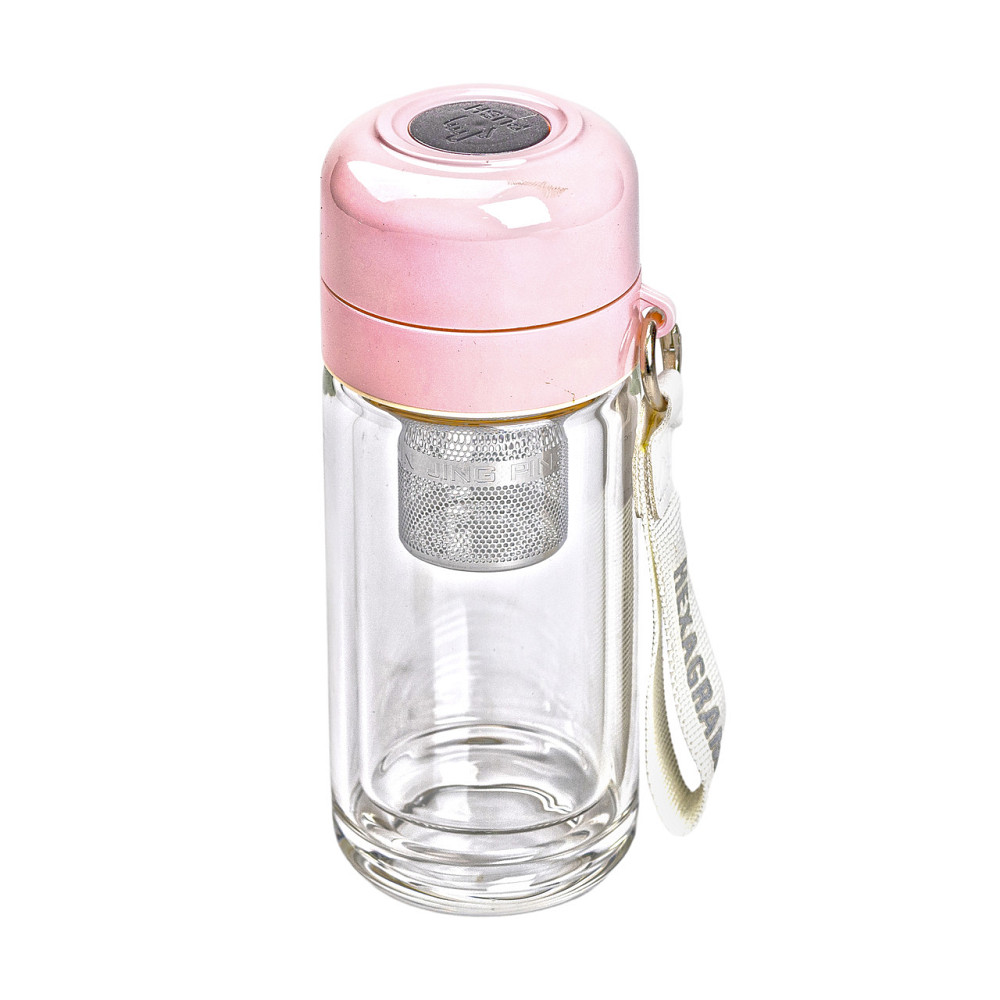 Термос скляний Hexagram із подвійними стінками та заварником 240 мл рожевий HP-14-40P Коломия - фото 1