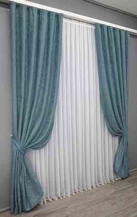 Комплект готових штор VR-Textil Льон мармур Pavliani № 1369ш Лазурний 150х270 см 2 шт (33-0230) Київ