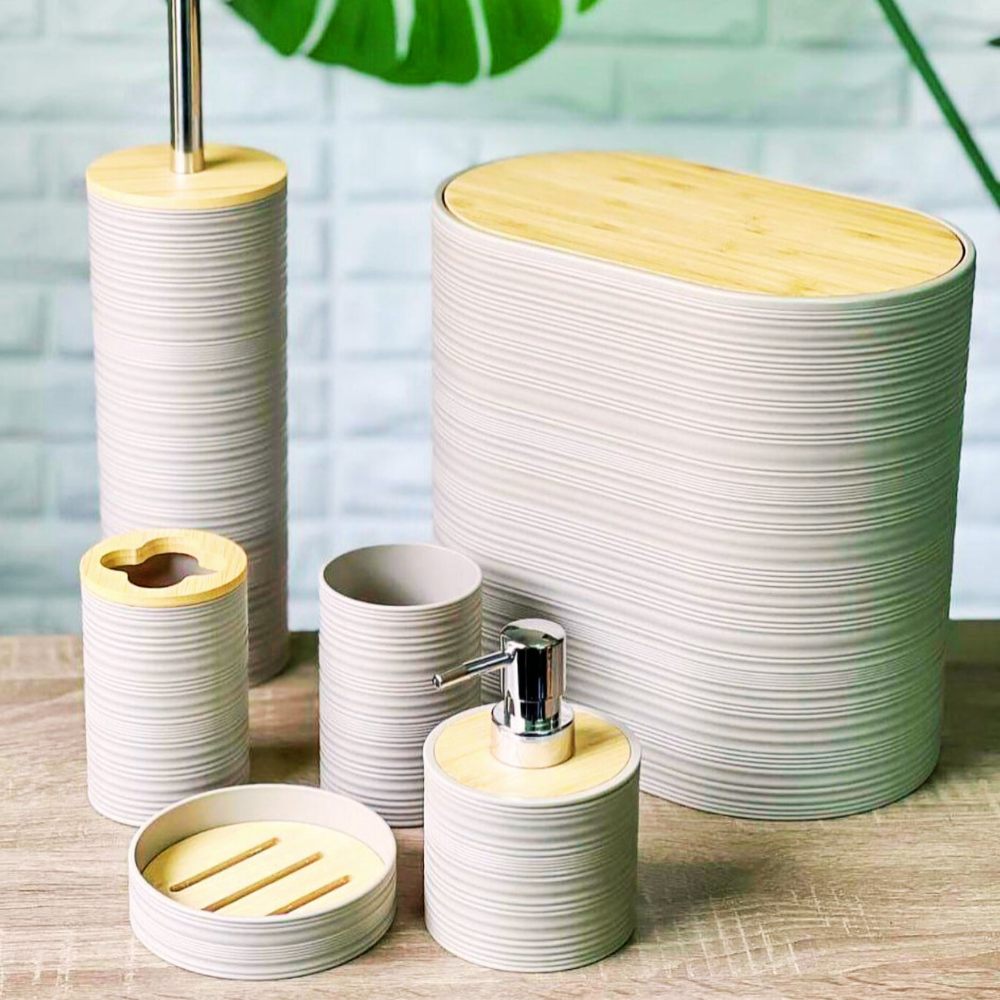 Набор аксессуаров 6в1 для ванной комнаты и душа, урна,дозатор для мыла, мыльница, стаканы,ёршик бежевый Каменец-Подольский - изображение 6