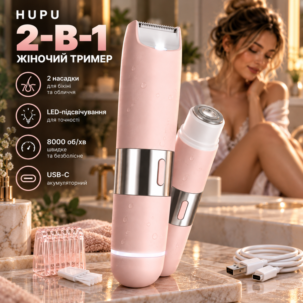 Женский триммер для бикини и лица HUPU 2-в-1, 2 головки, LED-подсветка, 8000 об/мин, USB-C, аккумуляторный Киев - изображение 1