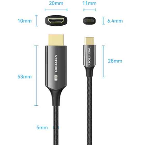 Кабель USB 3.1 Type-C M - HDMI M, 1.8m V2.0 8K 60 Гц Zinc Alloy TPE Black Vention Вінниця