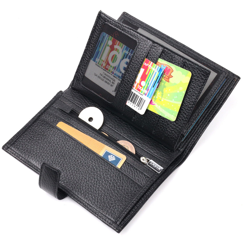 Вертикальное мужское портмоне с хлястиком из натуральной кожи KARYA 21195 Черный Киев - изображение 8