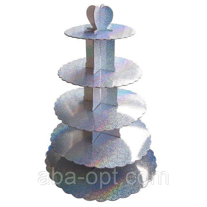 Стенд п'ятиярусний картонний круглий для капкейків срібного кольору з голограмою (шт) Одеса - фото 1