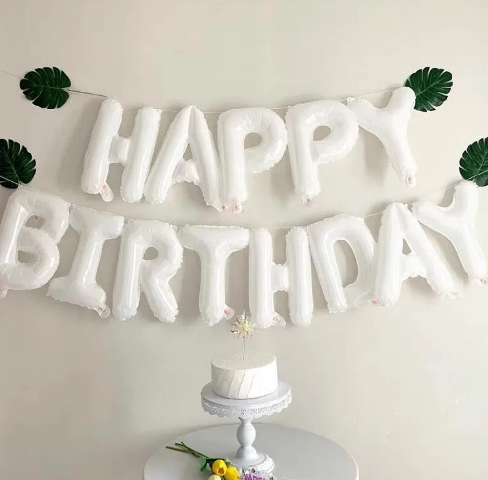 Фольговані надувні повітряні кулі літери гірлянда Happy Birthday біла Київ - фото 1