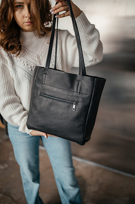 Сумка тоут шкіряна велика жіноча Юта Чорна 28*30*12 см, сумка шопер чорна стильна з кишенямиMasterSem Київ - фото 5