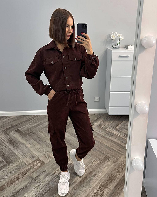 Женский стильный базовый костюм двойка из микровельвета Шоколад, 46/48 Одесса - изображение 1