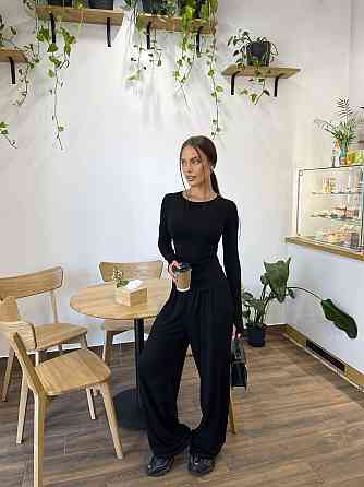 Женский базовый прогулочный костюм двойка: лонгслив и штаны турецкая вискоза Черный, 42/46 Одесса
