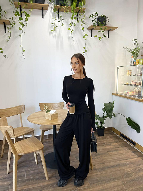 Женский базовый прогулочный костюм двойка: лонгслив и штаны турецкая вискоза Черный, 42/46 Одесса - изображение 4